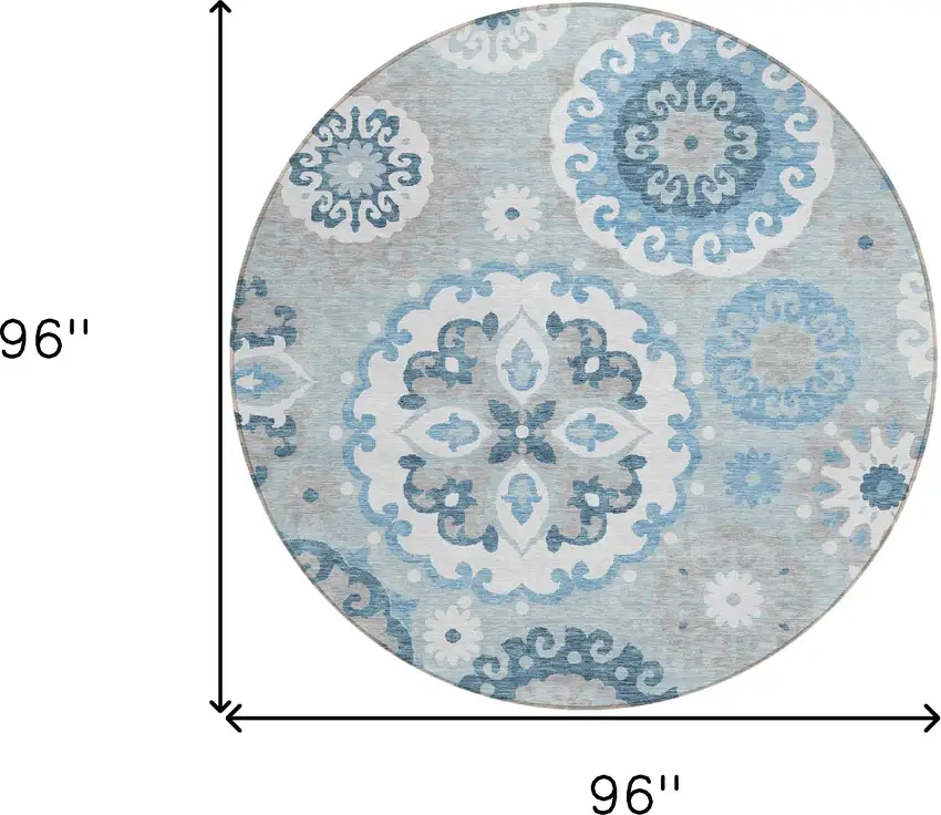 8' Sky Blue And Denim Blue Round Floral Medallion Washable Indoor Outdoor Area Rug Photo 8