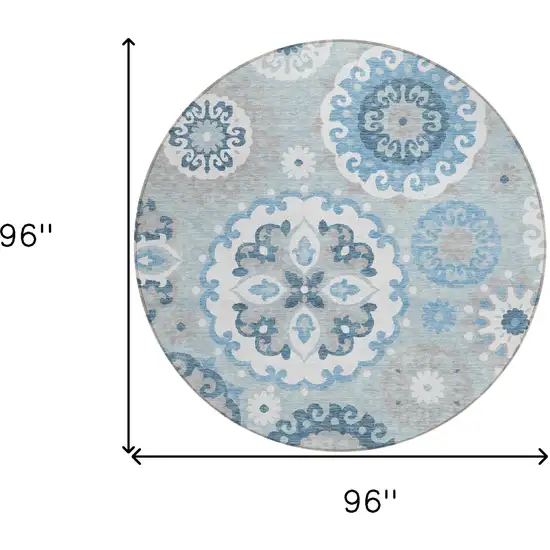 8' Sky Blue And Denim Blue Round Floral Medallion Washable Indoor Outdoor Area Rug Photo 8