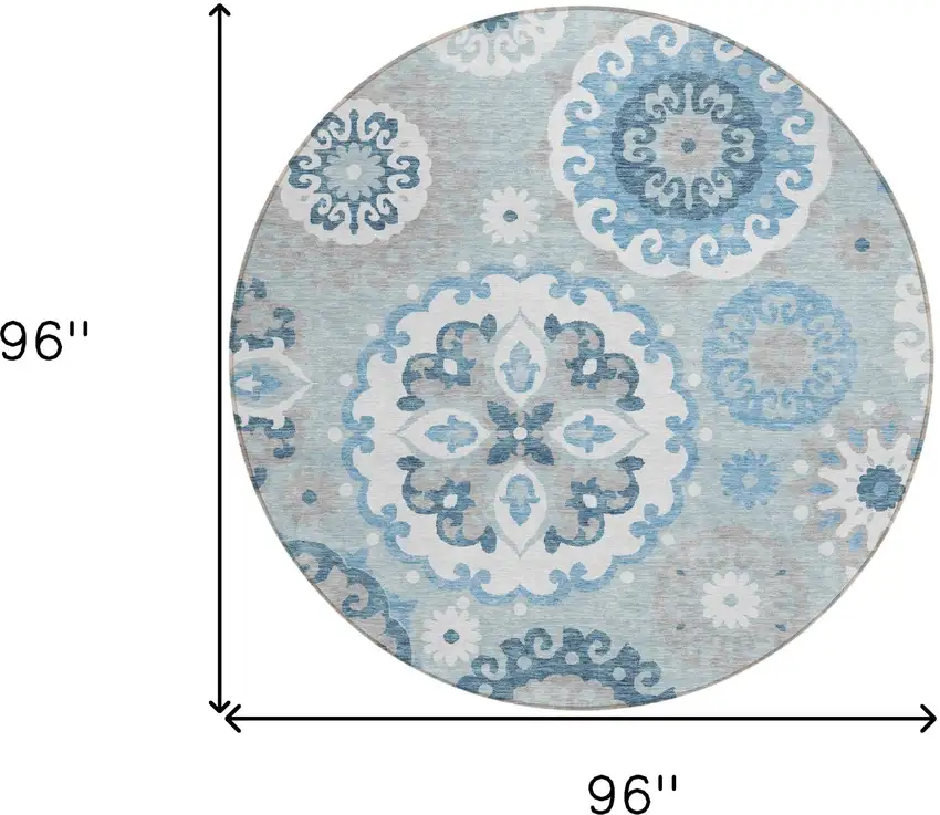 8' Sky Blue And Denim Blue Round Floral Medallion Washable Indoor Outdoor Area Rug Photo 8