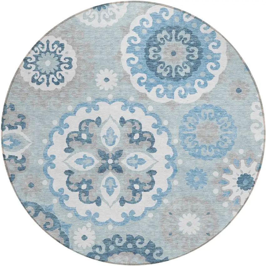 8' Sky Blue And Denim Blue Round Floral Medallion Washable Indoor Outdoor Area Rug Photo 1