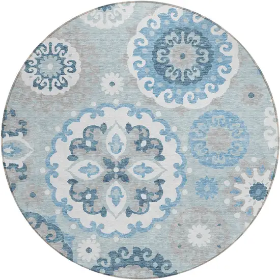 8' Sky Blue And Denim Blue Round Floral Medallion Washable Indoor Outdoor Area Rug Photo 1