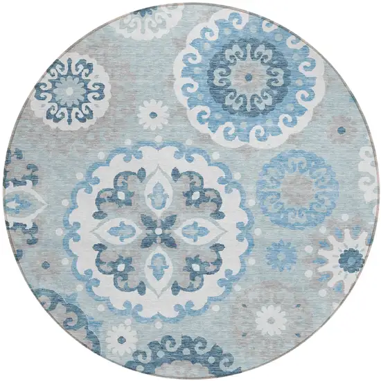 8' Sky Blue And Denim Blue Round Floral Medallion Washable Indoor Outdoor Area Rug Photo 1