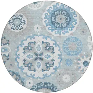 Photo of 8' Sky Blue And Denim Blue Round Floral Medallion Washable Indoor Outdoor Area Rug