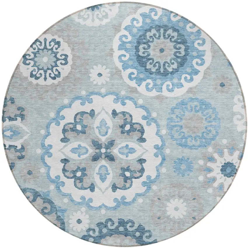 8' Sky Blue And Denim Blue Round Floral Medallion Washable Indoor Outdoor Area Rug Photo 1