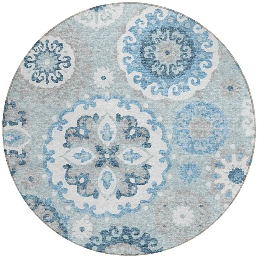 8' Sky Blue And Denim Blue Round Floral Medallion Washable Indoor Outdoor Area Rug Photo 4