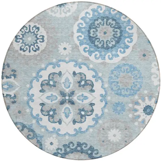 8' Sky Blue And Denim Blue Round Floral Medallion Washable Indoor Outdoor Area Rug Photo 4