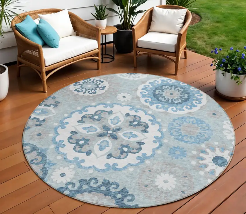 8' Sky Blue And Denim Blue Round Floral Medallion Washable Indoor Outdoor Area Rug Photo 1