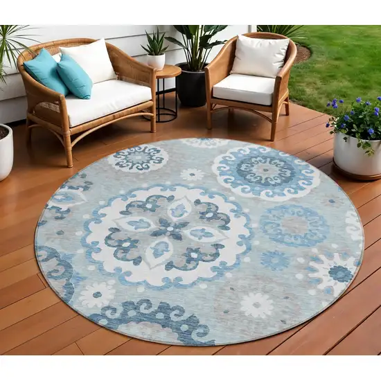 8' Sky Blue And Denim Blue Round Floral Medallion Washable Indoor Outdoor Area Rug Photo 1