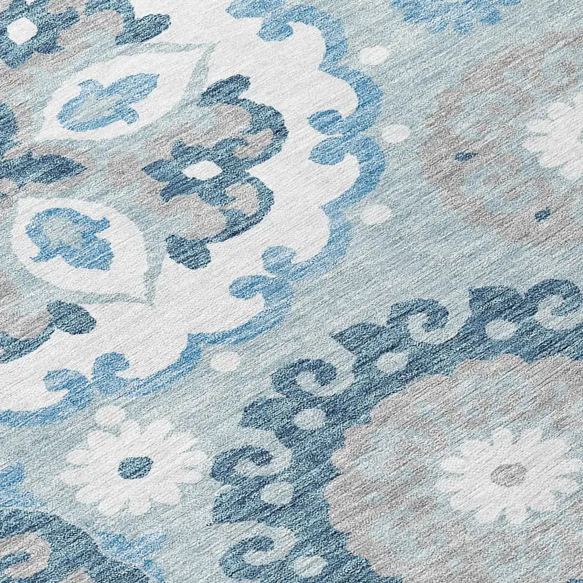 8' Sky Blue And Denim Blue Round Floral Medallion Washable Indoor Outdoor Area Rug Photo 9