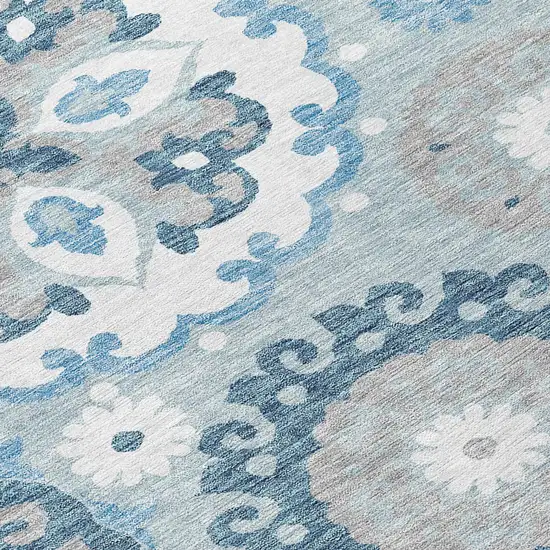 8' Sky Blue And Denim Blue Round Floral Medallion Washable Indoor Outdoor Area Rug Photo 9