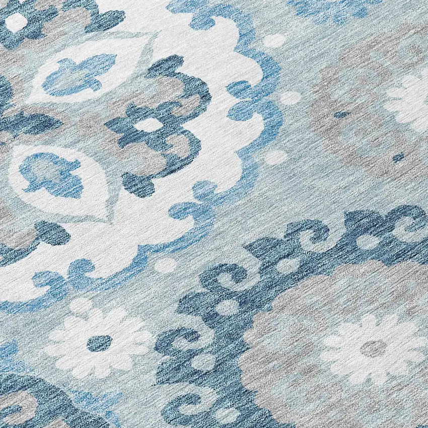 8' Sky Blue And Denim Blue Round Floral Medallion Washable Indoor Outdoor Area Rug Photo 9