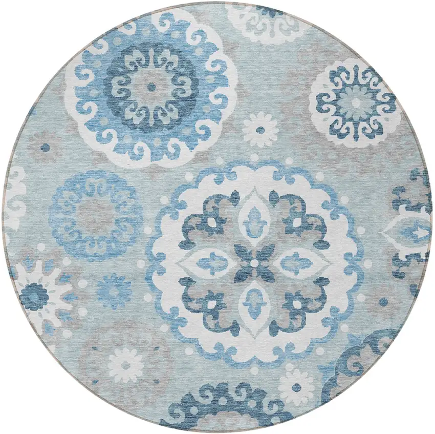 8' Sky Blue And Denim Blue Round Floral Medallion Washable Indoor Outdoor Area Rug Photo 5