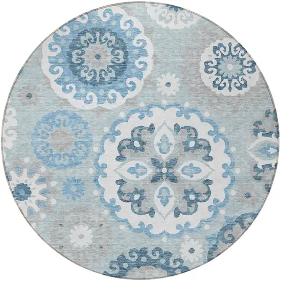 8' Sky Blue And Denim Blue Round Floral Medallion Washable Indoor Outdoor Area Rug Photo 5