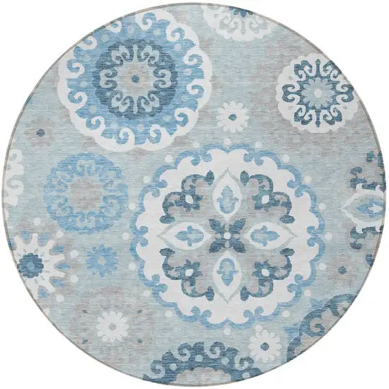 8' Sky Blue And Denim Blue Round Floral Medallion Washable Indoor Outdoor Area Rug Photo 5