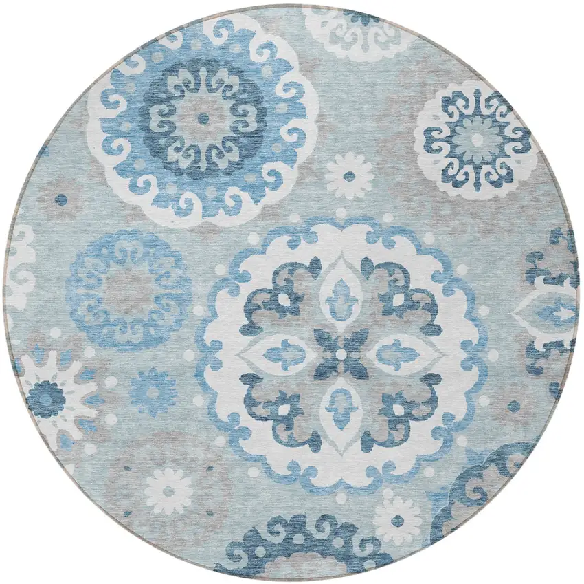 8' Sky Blue And Denim Blue Round Floral Medallion Washable Indoor Outdoor Area Rug Photo 5