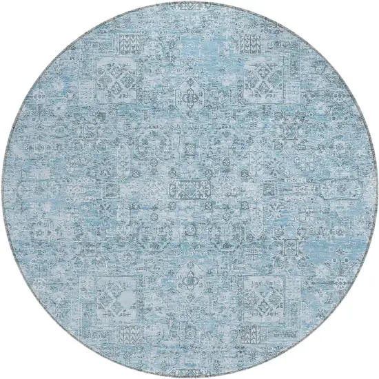 8' Sky Blue And Denim Blue Round Floral Washable Indoor Outdoor Area Rug Photo 2