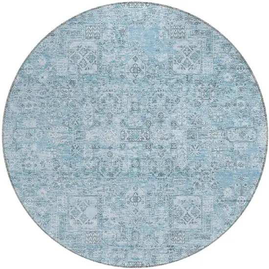 8' Sky Blue And Denim Blue Round Floral Washable Indoor Outdoor Area Rug Photo 2