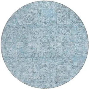 Photo of 8' Sky Blue And Denim Blue Round Floral Washable Indoor Outdoor Area Rug