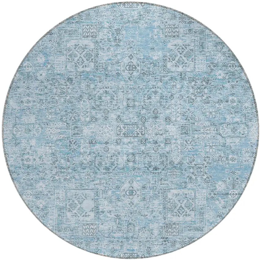 8' Sky Blue And Denim Blue Round Floral Washable Indoor Outdoor Area Rug Photo 2