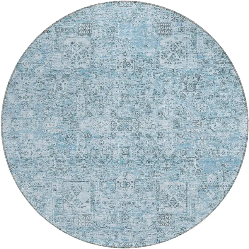 8' Sky Blue And Denim Blue Round Floral Washable Indoor Outdoor Area Rug Photo 2