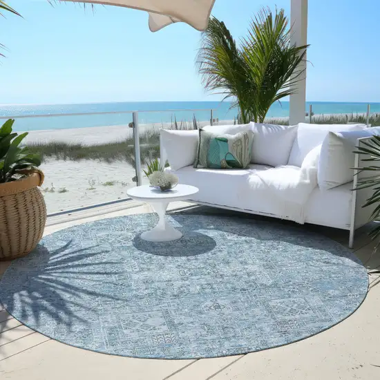 8' Sky Blue And Denim Blue Round Floral Washable Indoor Outdoor Area Rug Photo 6