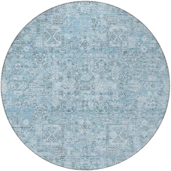 8' Sky Blue And Denim Blue Round Floral Washable Indoor Outdoor Area Rug Photo 5