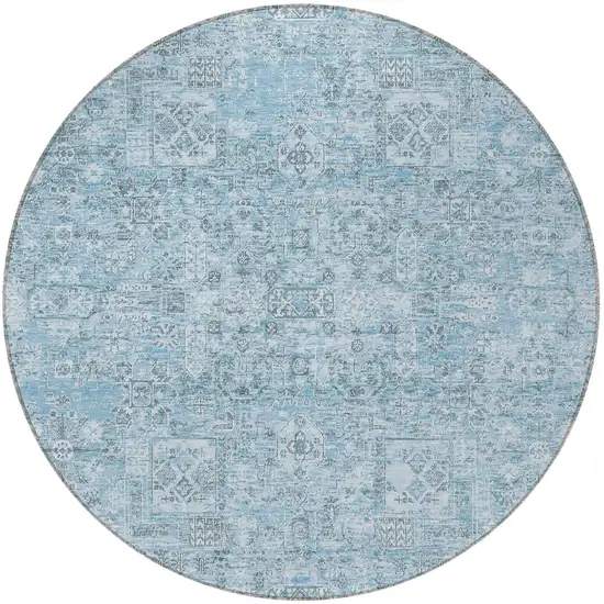 8' Sky Blue And Denim Blue Round Floral Washable Indoor Outdoor Area Rug Photo 5