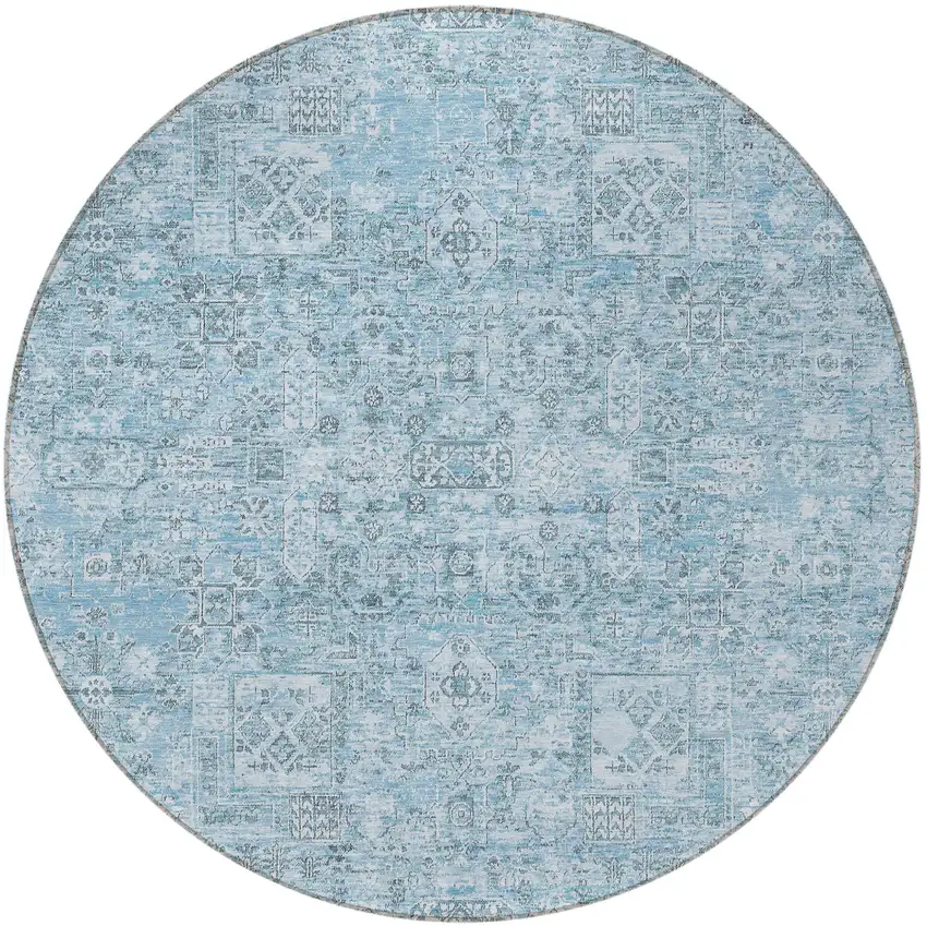 8' Sky Blue And Denim Blue Round Floral Washable Indoor Outdoor Area Rug Photo 5