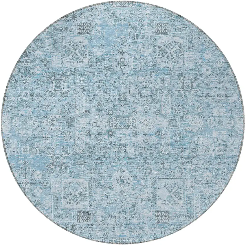 8' Sky Blue And Denim Blue Round Floral Washable Indoor Outdoor Area Rug Photo 5