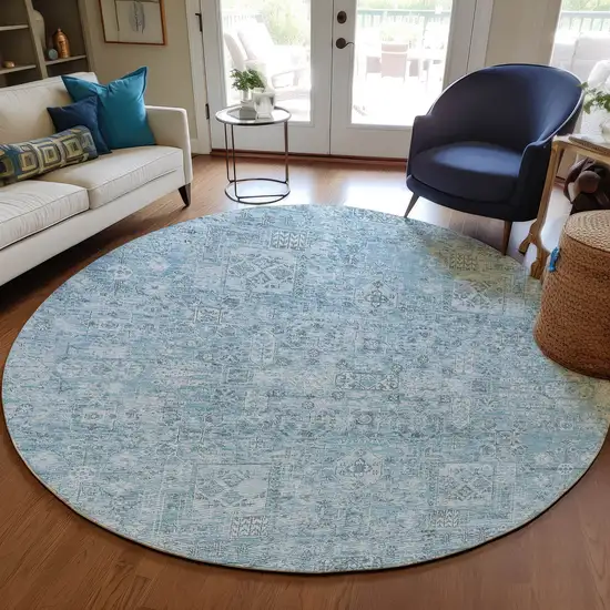 8' Sky Blue And Denim Blue Round Floral Washable Indoor Outdoor Area Rug Photo 7