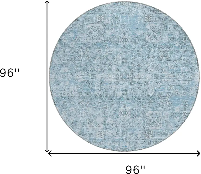 8' Sky Blue And Denim Blue Round Floral Washable Indoor Outdoor Area Rug Photo 3