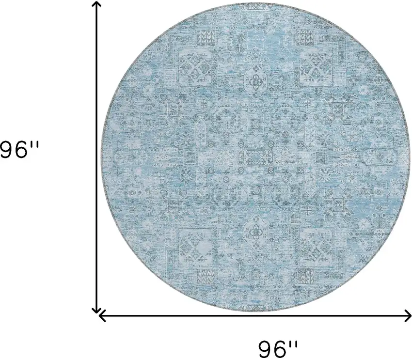 8' Sky Blue And Denim Blue Round Floral Washable Indoor Outdoor Area Rug Photo 3