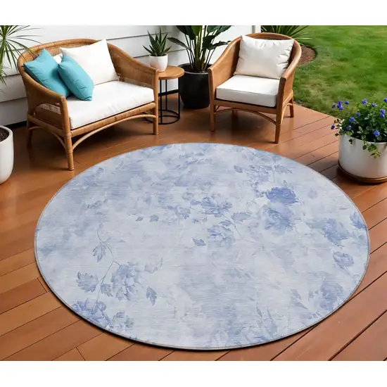 8' Sky Blue And Denim Blue Round Floral Washable Indoor Outdoor Area Rug Photo 1