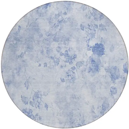 8' Sky Blue And Denim Blue Round Floral Washable Indoor Outdoor Area Rug Photo 2