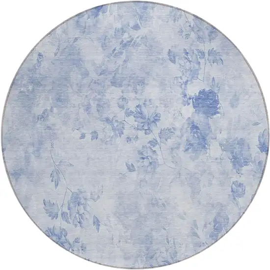 8' Sky Blue And Denim Blue Round Floral Washable Indoor Outdoor Area Rug Photo 2