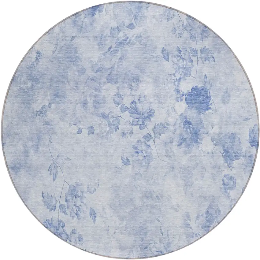 8' Sky Blue And Denim Blue Round Floral Washable Indoor Outdoor Area Rug Photo 2
