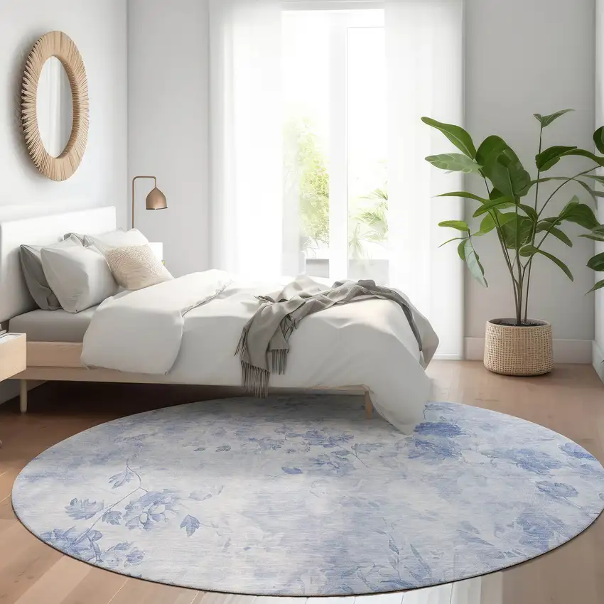 8' Sky Blue And Denim Blue Round Floral Washable Indoor Outdoor Area Rug Photo 7