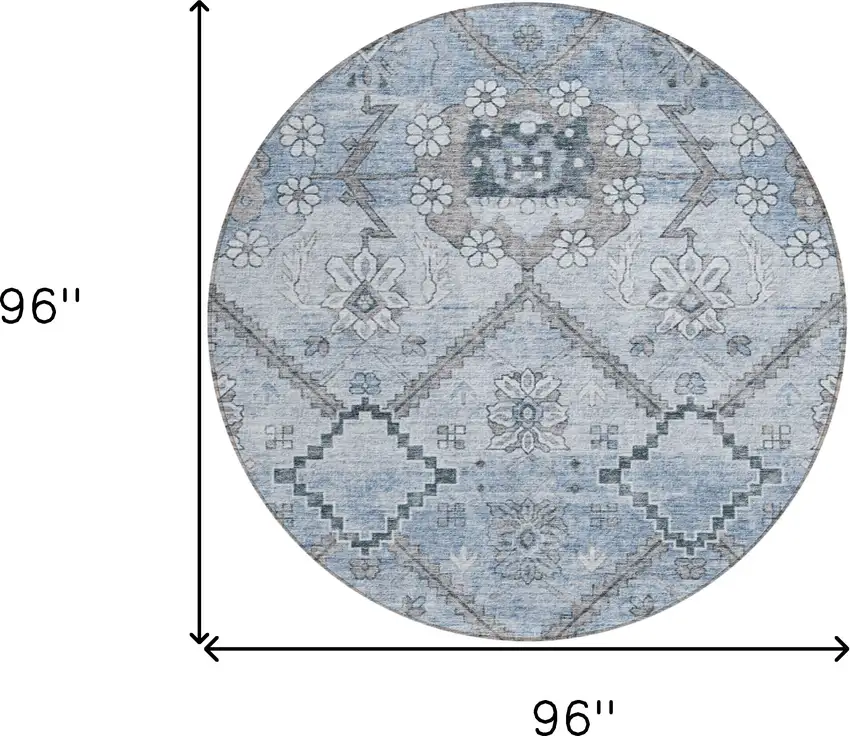 8' Sky Blue And Denim Blue Round Floral Washable Indoor Outdoor Area Rug Photo 3