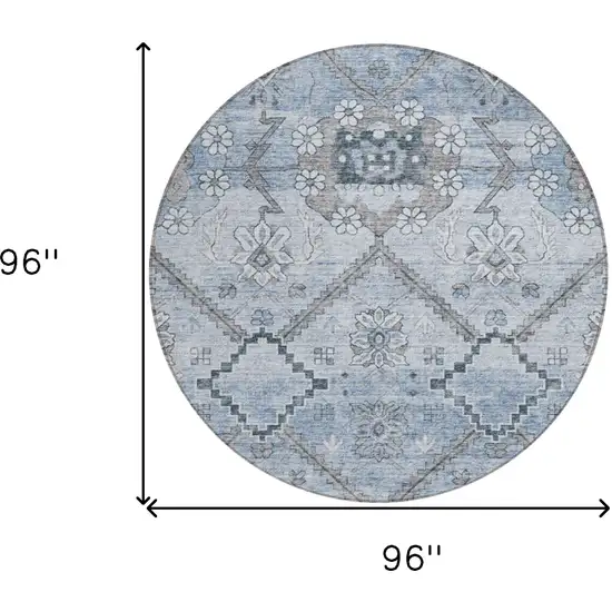 8' Sky Blue And Denim Blue Round Floral Washable Indoor Outdoor Area Rug Photo 3
