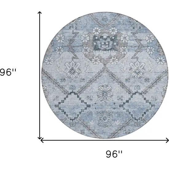 8' Sky Blue And Denim Blue Round Floral Washable Indoor Outdoor Area Rug Photo 3