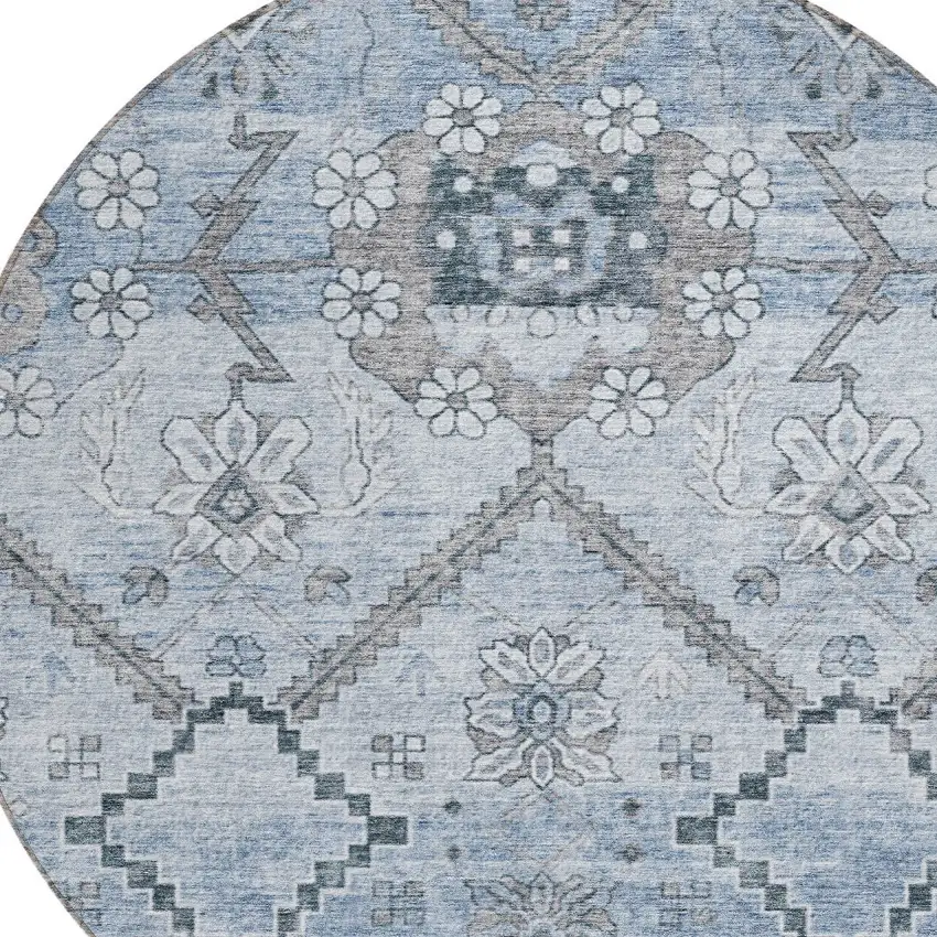 8' Sky Blue And Denim Blue Round Floral Washable Indoor Outdoor Area Rug Photo 5