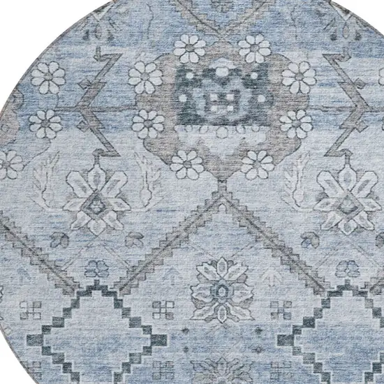 8' Sky Blue And Denim Blue Round Floral Washable Indoor Outdoor Area Rug Photo 5