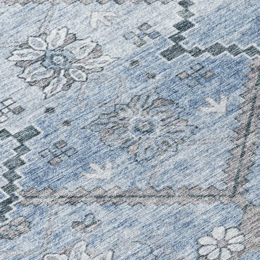 8' Sky Blue And Denim Blue Round Floral Washable Indoor Outdoor Area Rug Photo 9