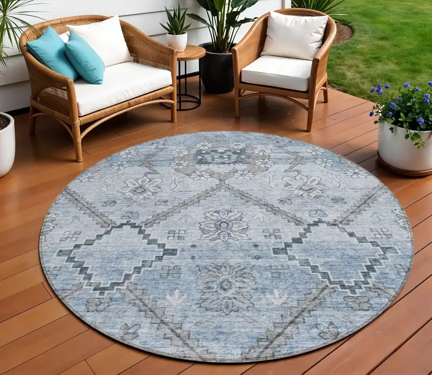 8' Sky Blue And Denim Blue Round Floral Washable Indoor Outdoor Area Rug Photo 1