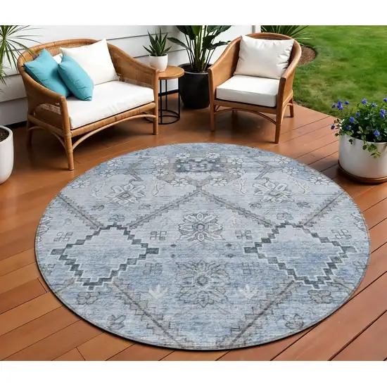 8' Sky Blue And Denim Blue Round Floral Washable Indoor Outdoor Area Rug Photo 1