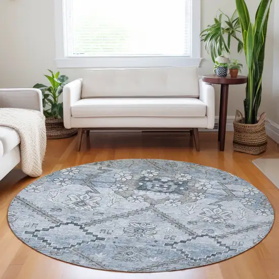 8' Sky Blue And Denim Blue Round Floral Washable Indoor Outdoor Area Rug Photo 8