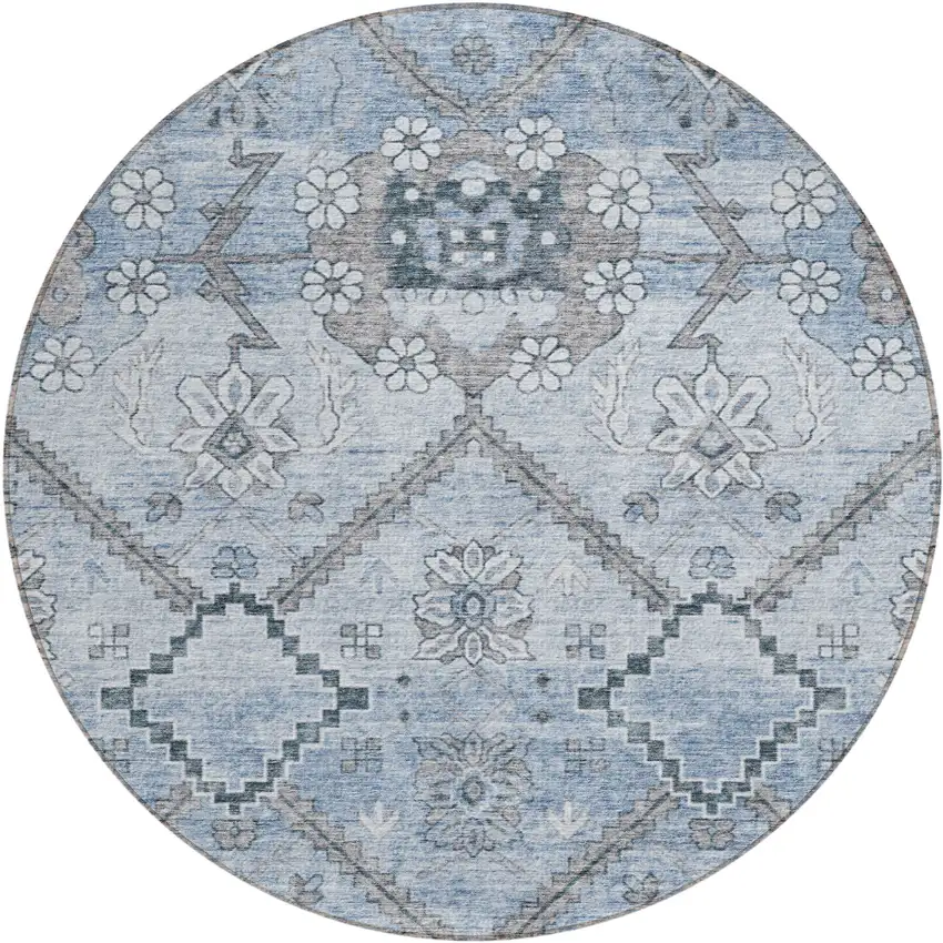 8' Sky Blue And Denim Blue Round Floral Washable Indoor Outdoor Area Rug Photo 2