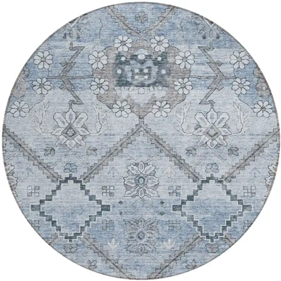 8' Sky Blue And Denim Blue Round Floral Washable Indoor Outdoor Area Rug Photo 2