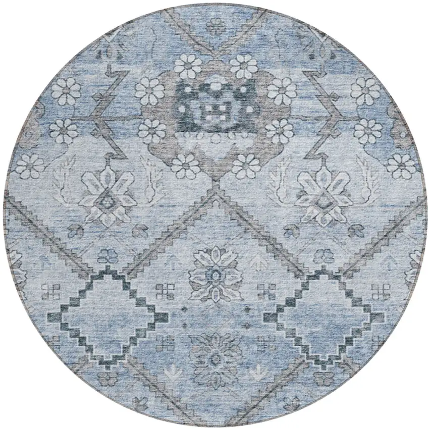 8' Sky Blue And Denim Blue Round Floral Washable Indoor Outdoor Area Rug Photo 2