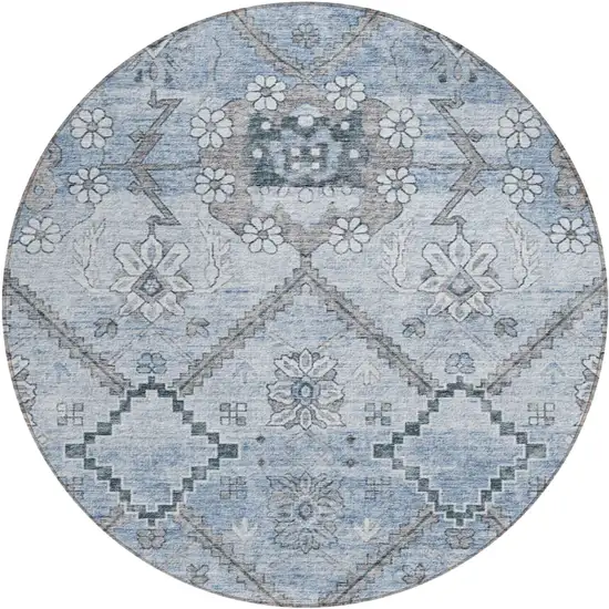 8' Sky Blue And Denim Blue Round Floral Washable Indoor Outdoor Area Rug Photo 2